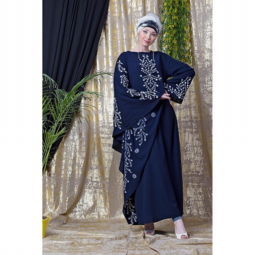 Embroidered abaya with Butterfly sleeves-Navy Blue